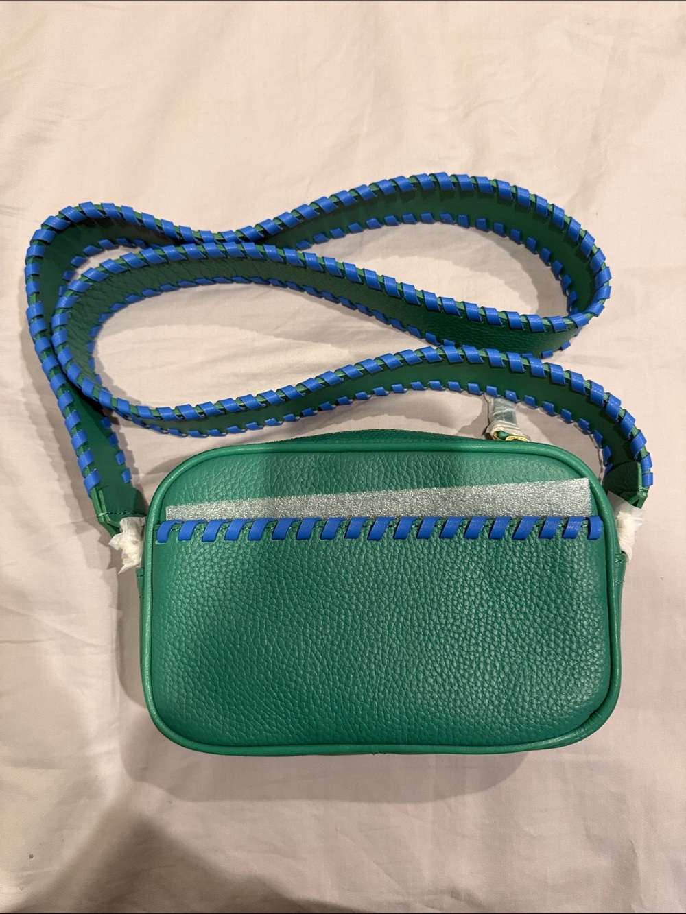 Boden Green Leather Crossbody with Blue Woven Trim